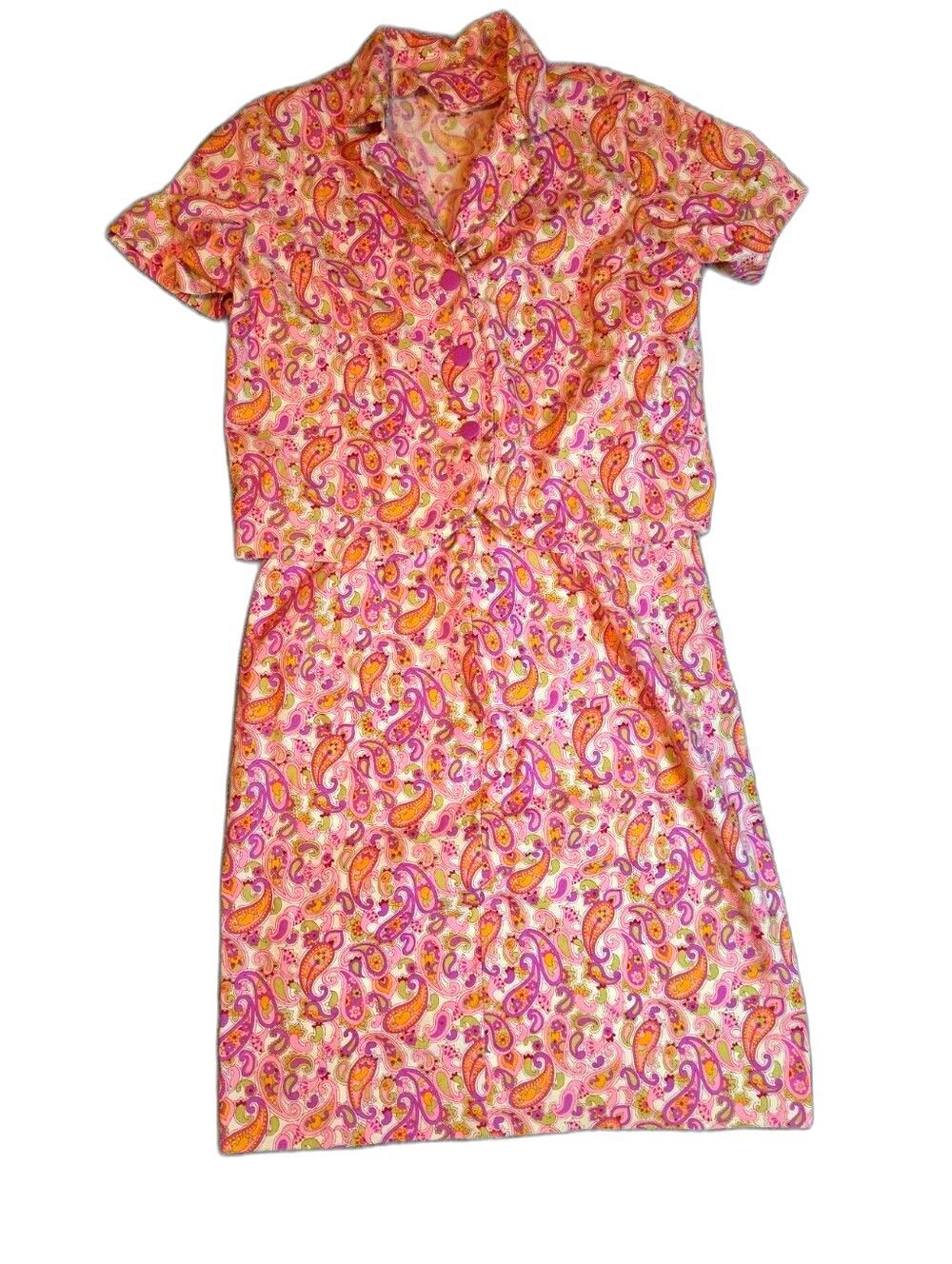 60s Authentic Vintage Pink Paisley Short-Sleeve Top And Skirt Set